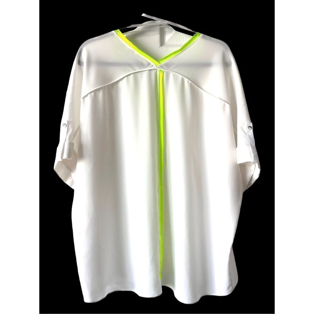 T Tahari Women's Micah Short Sleeve Neon Trim High Low Hem Top White Size Large - Picture 4 of 7